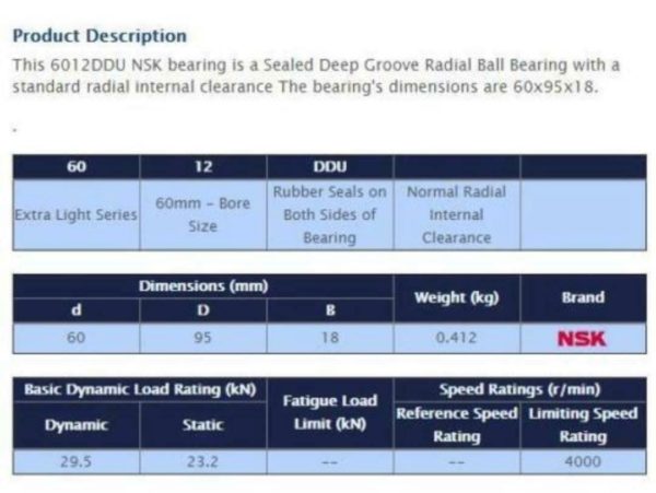 NSK 6012 DDU Deep Groove Radial Ball Bearing 60x95x18mm 6012RS 6012-2RS - Image 2